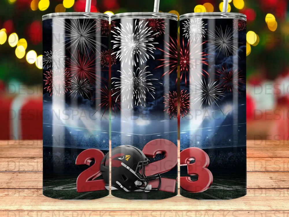 Football helmet and fireworks over stadium, 2023.
