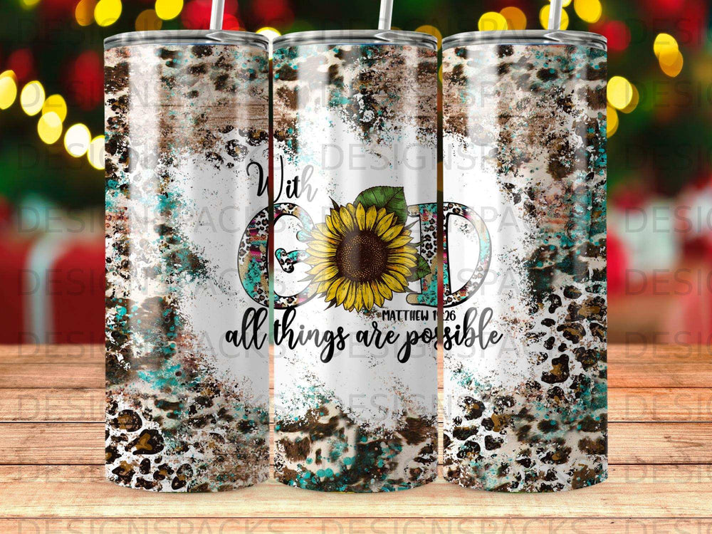 Sunflower with text "all things are possible" on a distressed leopard and floral background.