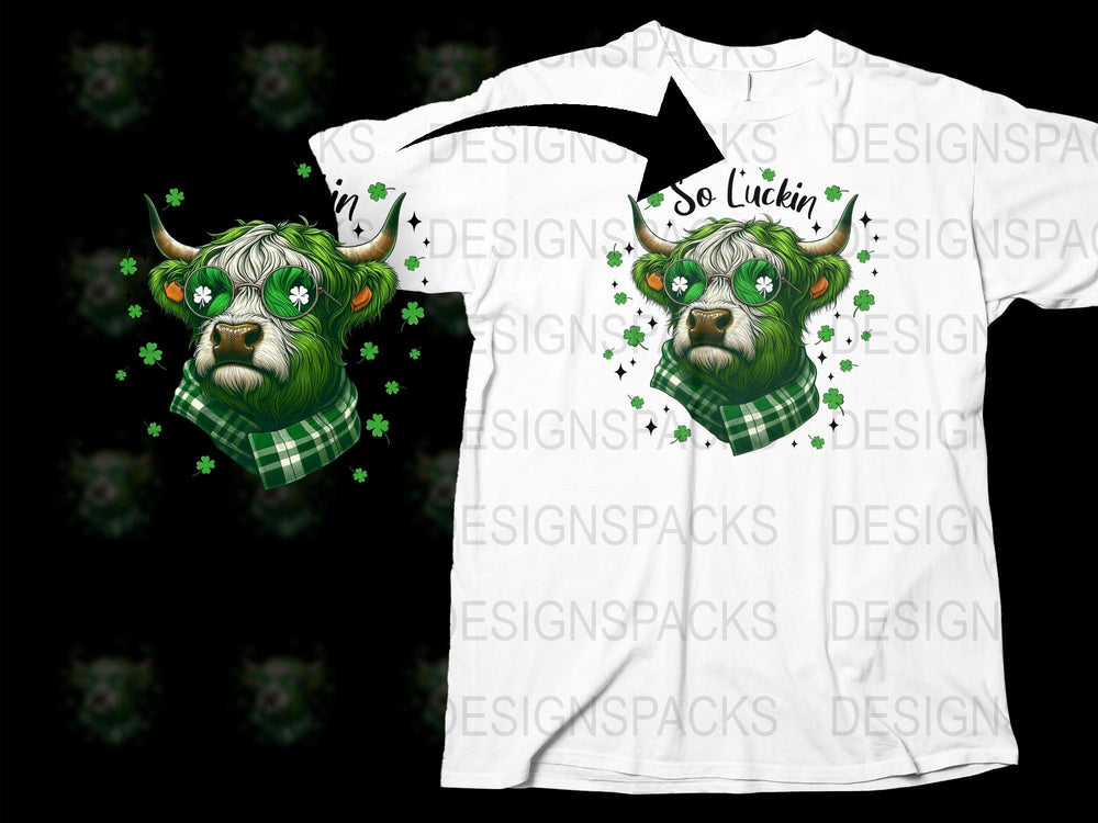 St. Patrick's Day T-Shirt with Highland Cow Graphic, Green Shamrocks, Unisex Adult Clothing