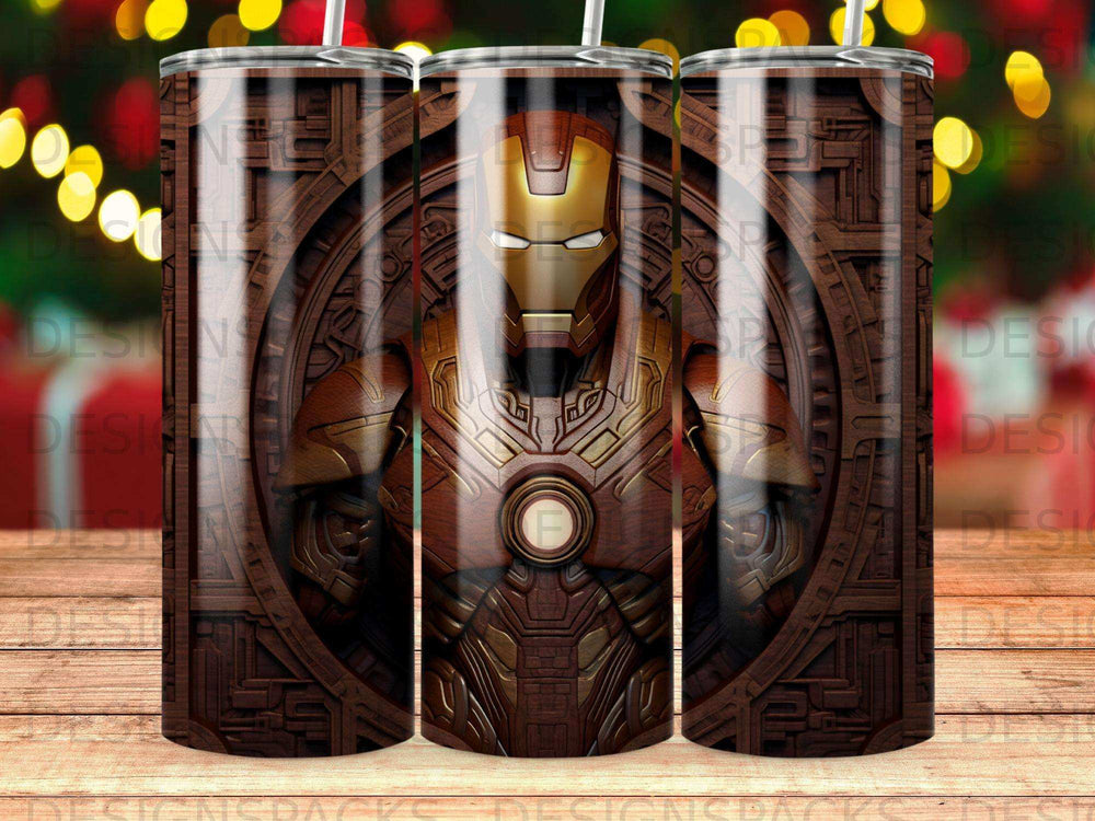 Iron Man suit chest piece with ornate wooden background.