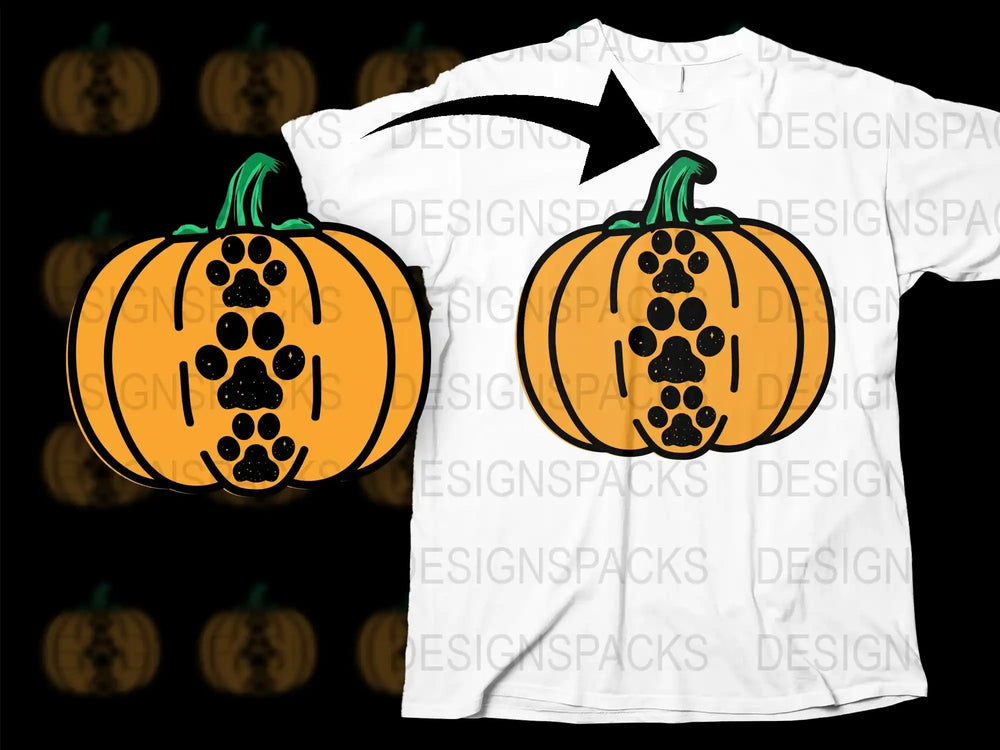 Halloween Pumpkin T-Shirt with Paw Print Design, Cute Fall Casual Wear, Unisex Graphic Tee