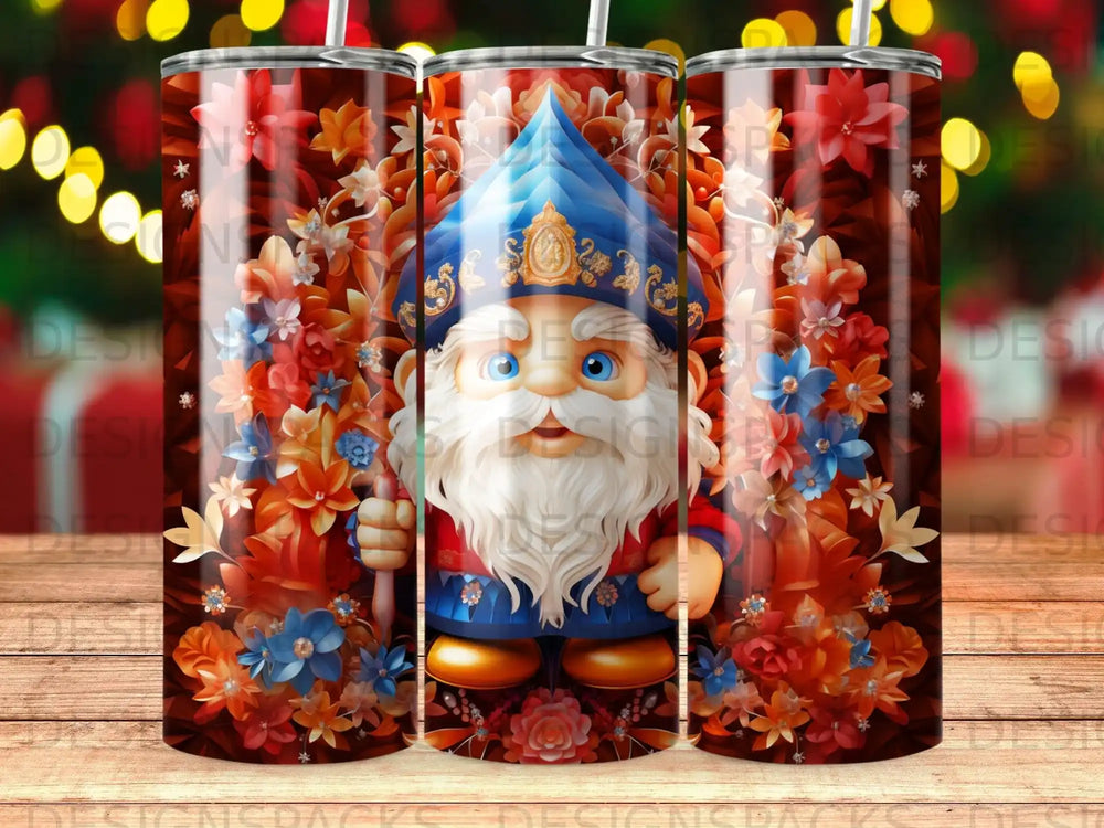 Gnome in blue hat with beard surrounded by autumn flowers and leaves.