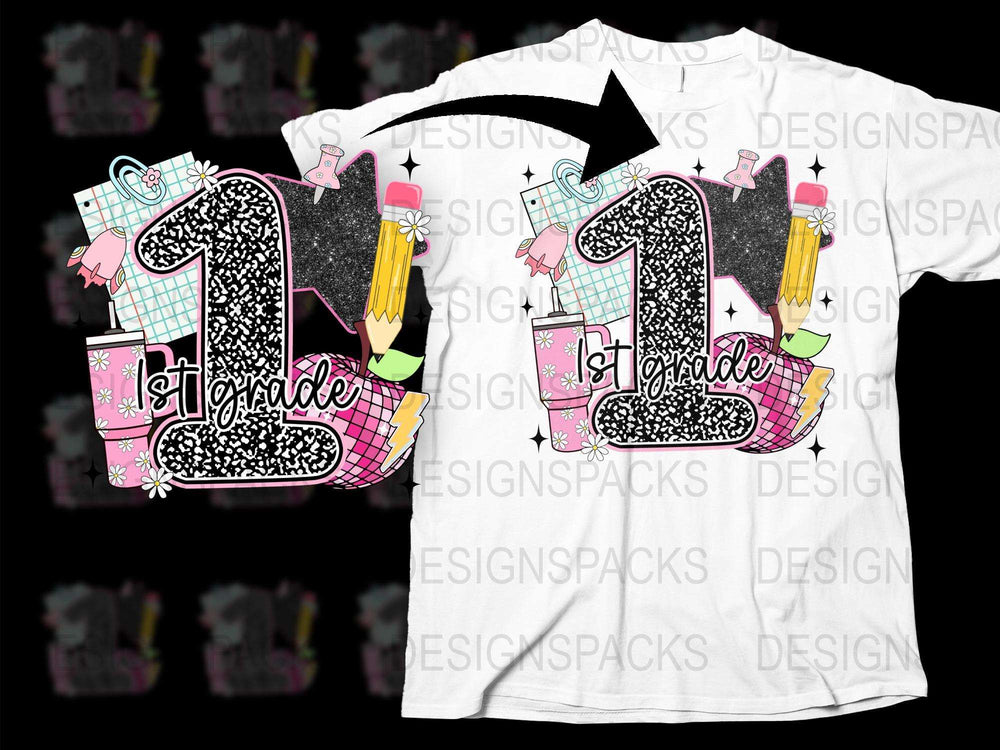 First Grade T-Shirt with Glitter Number, Pencils, and Stars, Kids Back to School Outfit, Custom Graphic Tee