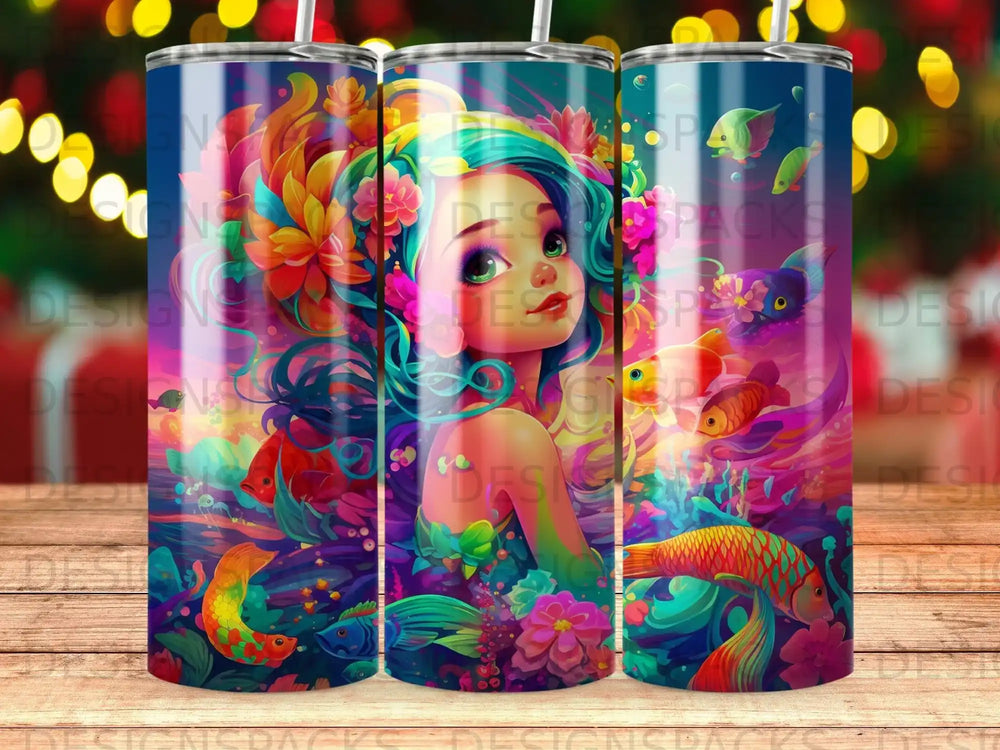 Whimsical mermaid with colorful fish and coral reef, vibrant underwater scene.