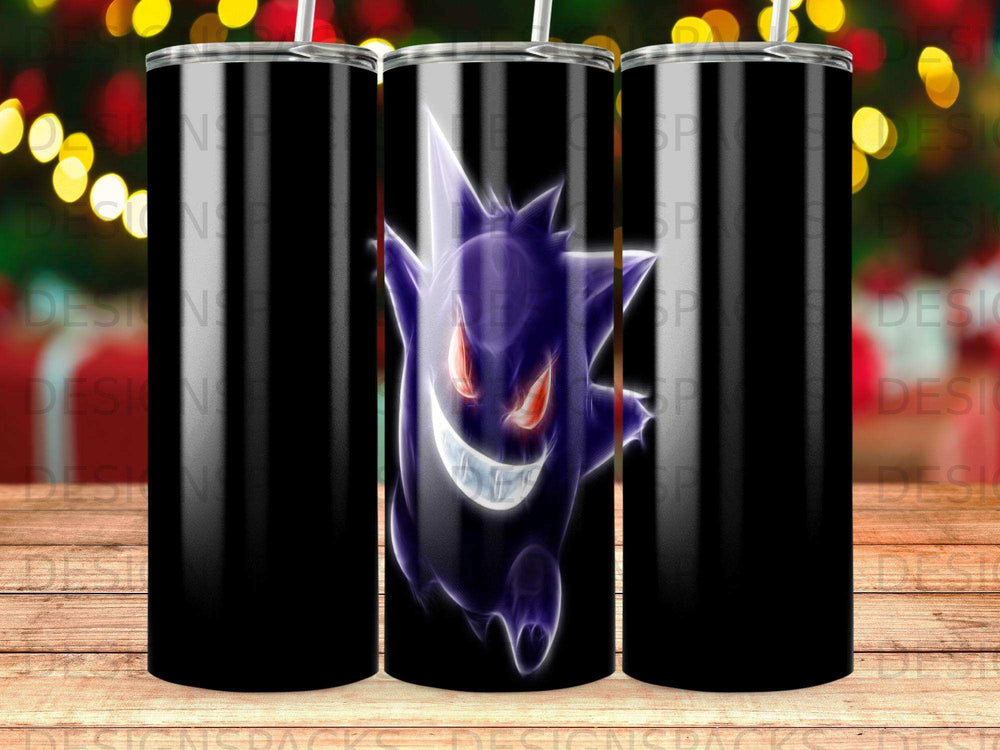 Black tumbler with a purple Gengar Pokémon design.