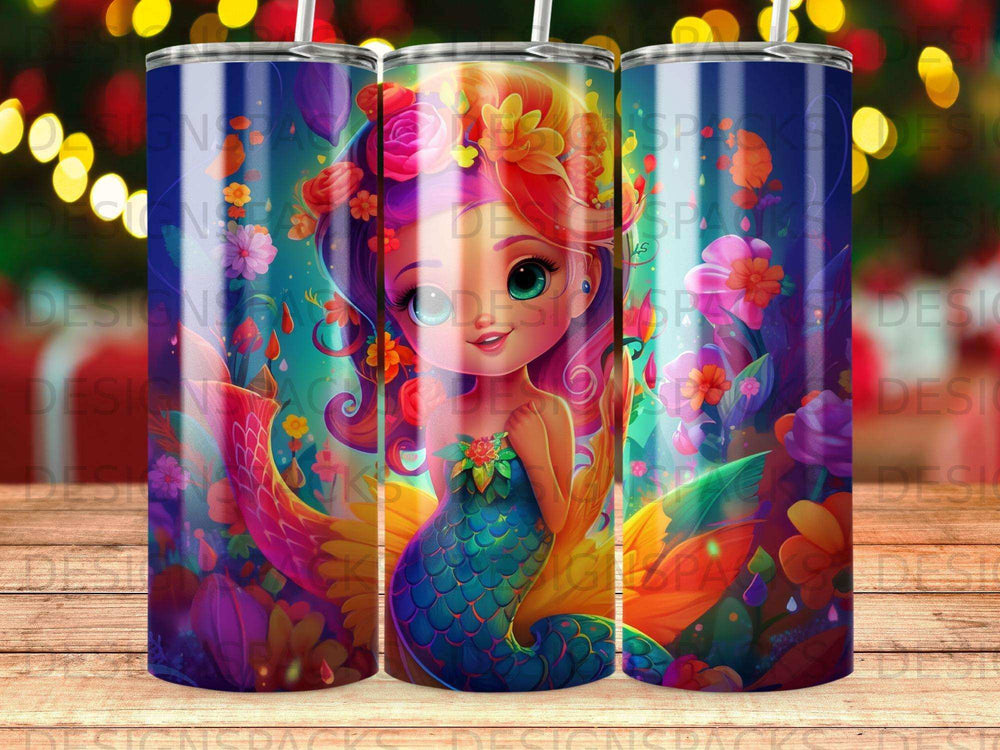 Mermaid with colorful tail and floral crown surrounded by fantasy flora and fauna.