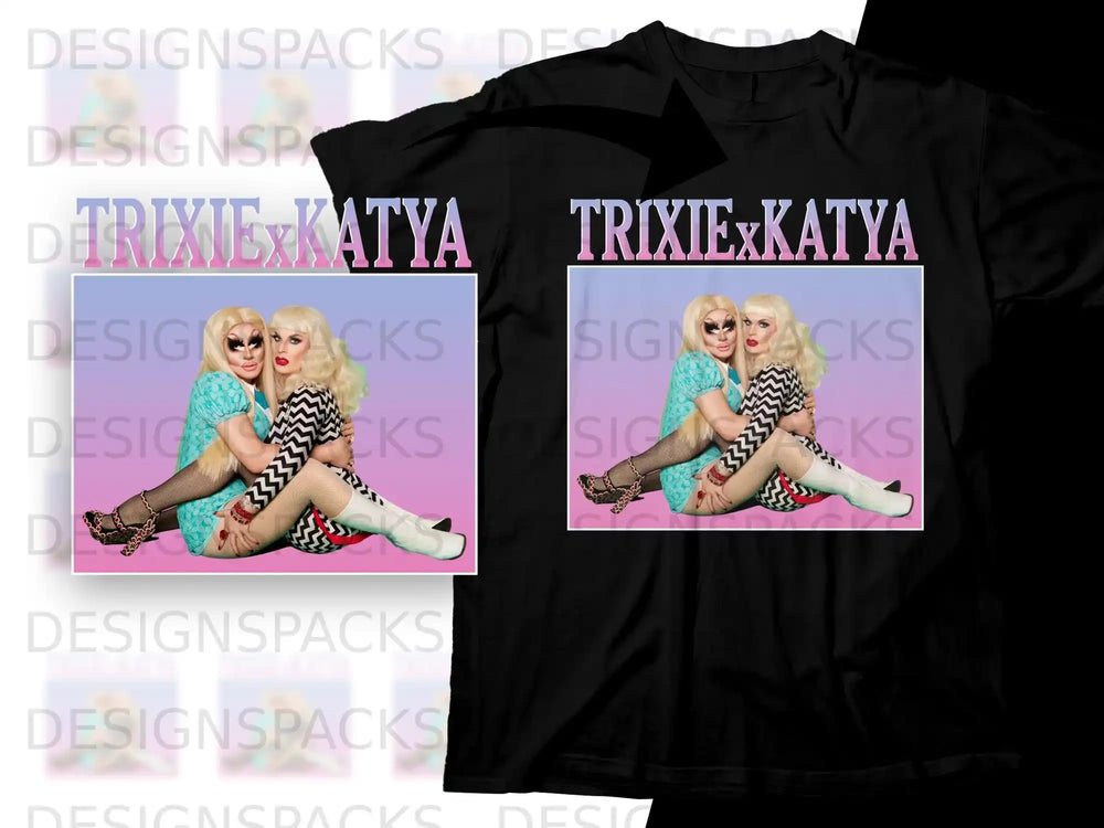 Trixie and Katya in a seated pose, promoting DesignsPacks.
