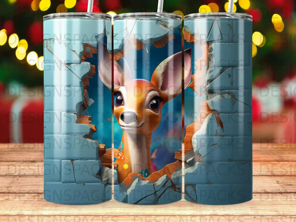 Deer peeking through cracked brick wall with blue and gold accents.