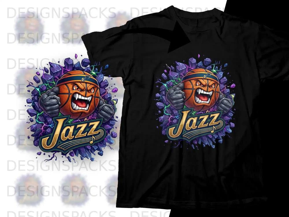 Black t-shirt featuring a cartoon basketball mascot with clenched fists and the word "Jazz".