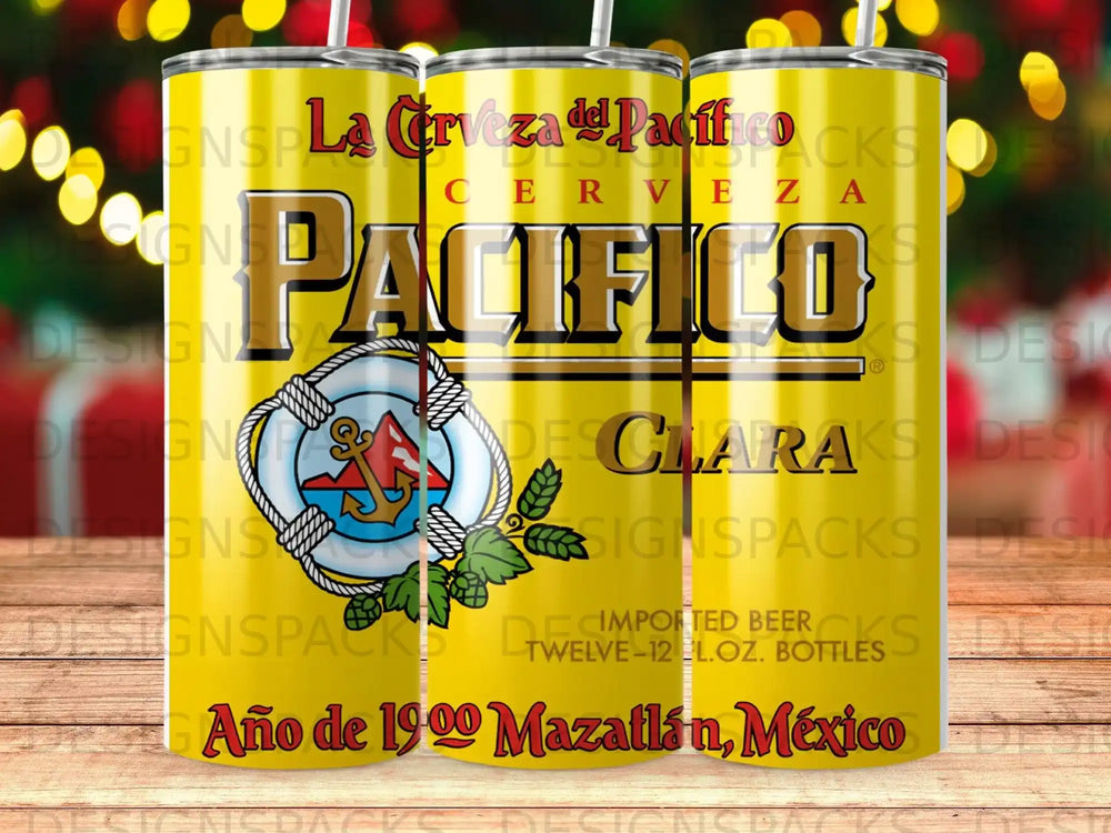 Pacifico Clara beer logo on yellow gradient background with bottle details.