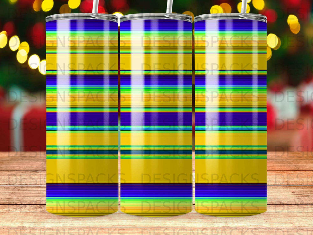 Striped tumbler with yellow, blue, and green horizontal bands.