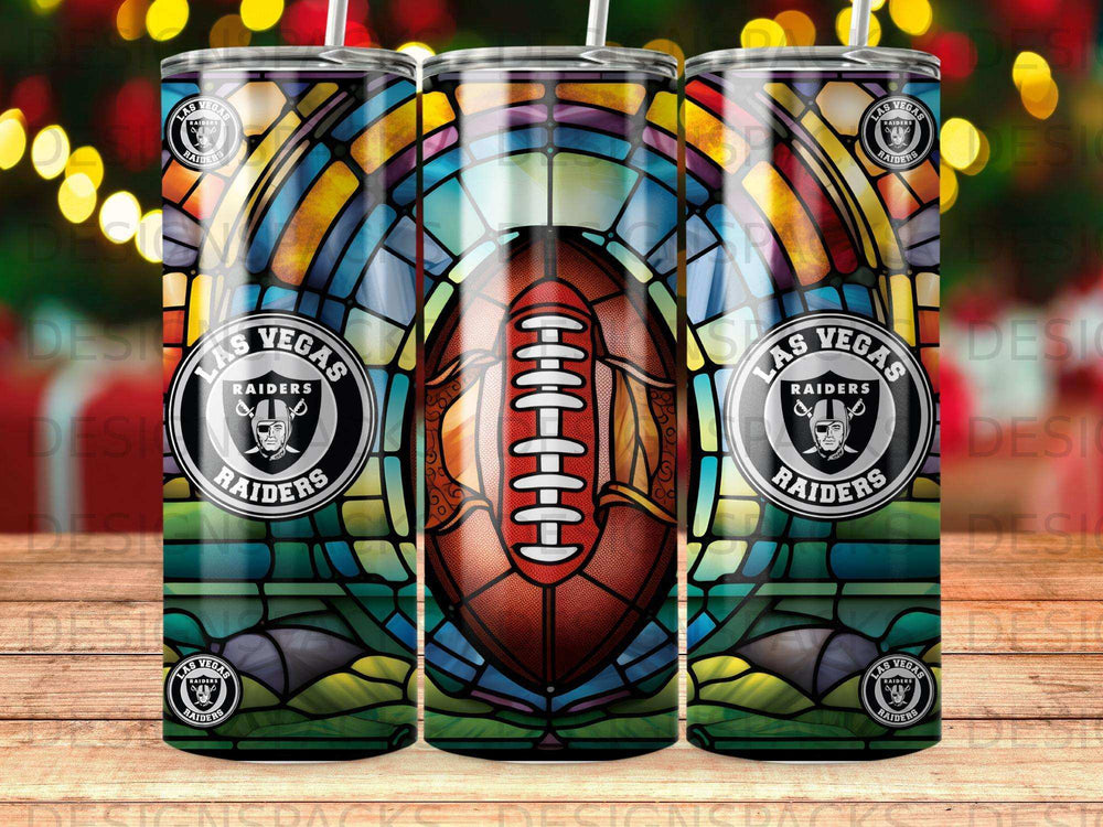 Las Vegas Raiders football within a stained glass design.