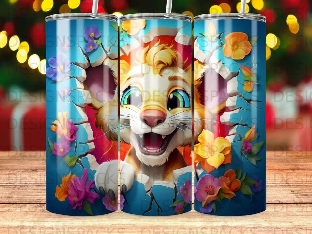 Cartoon lion cub bursts through a cracked blue background surrounded by flowers.