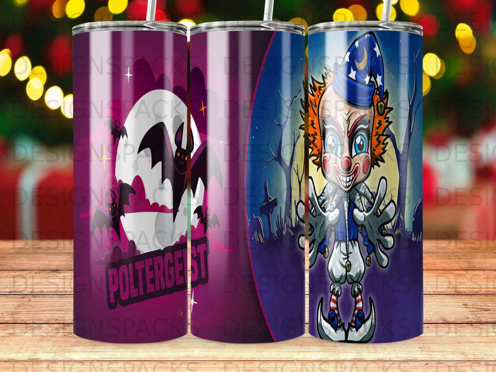 Clown with outstretched arms on a tumbler, "POLTERGEIST" text.