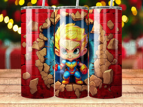 Cartoon superhero boy with blonde hair bursting through brick wall.