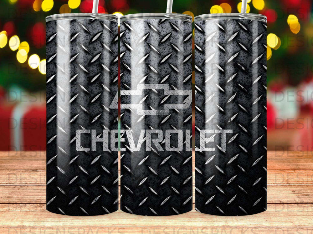 Black Chevrolet diamond plate tumbler with straw.