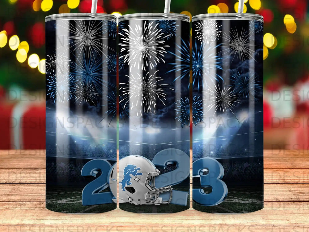 Detroit Lions logo on 2023 with fireworks and stadium backdrop.