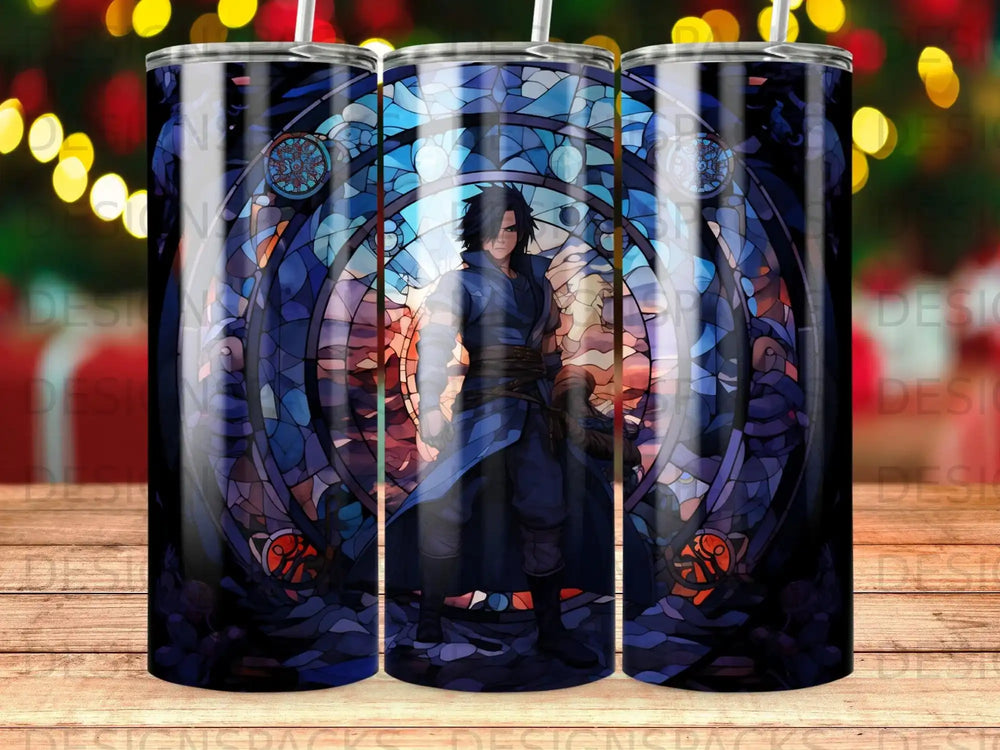 Anime character in a blue coat standing before a stained glass window.