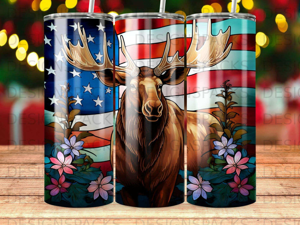 Moose against American flag with flowers border on a tumbler.