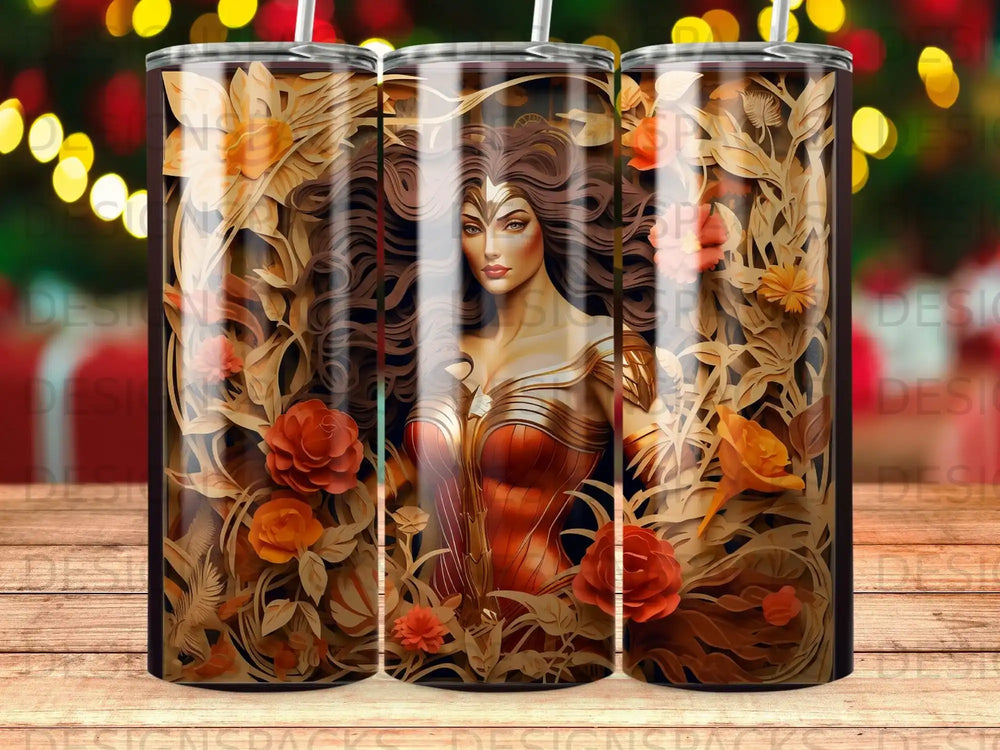 Wonder Woman illustration with floral accents on a tumbler.