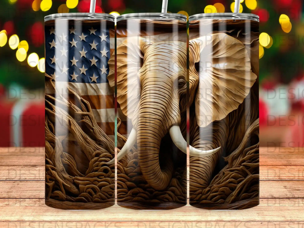 Elephant with American flag and wood texture tumbler design.