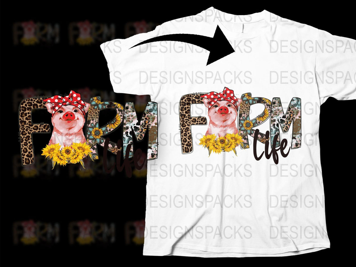 Farm Life Cute Pig Graphic T-Shirt with Sunflowers, Adorable Animal Print Tee