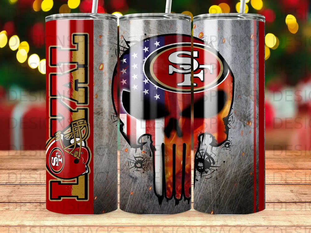San Francisco 49ers skull logo with American flag and helmet on a tumbler.