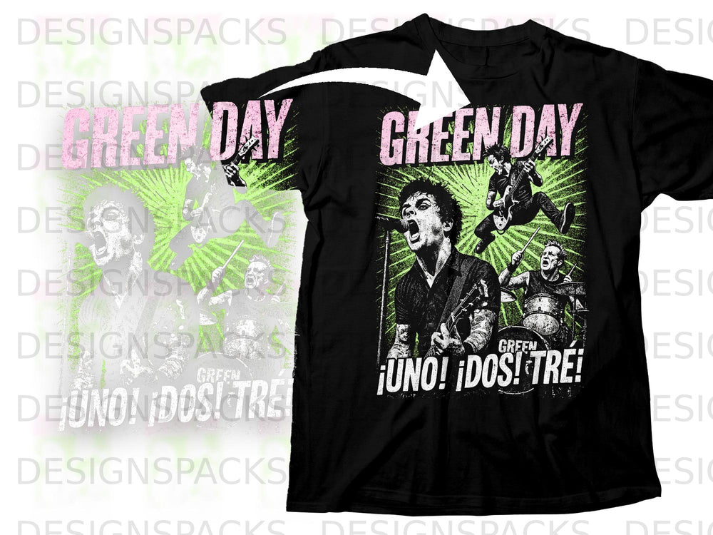 Black t-shirt with Green Day band graphic and ¡UNO! ¡DOS! ¡TRE! text.