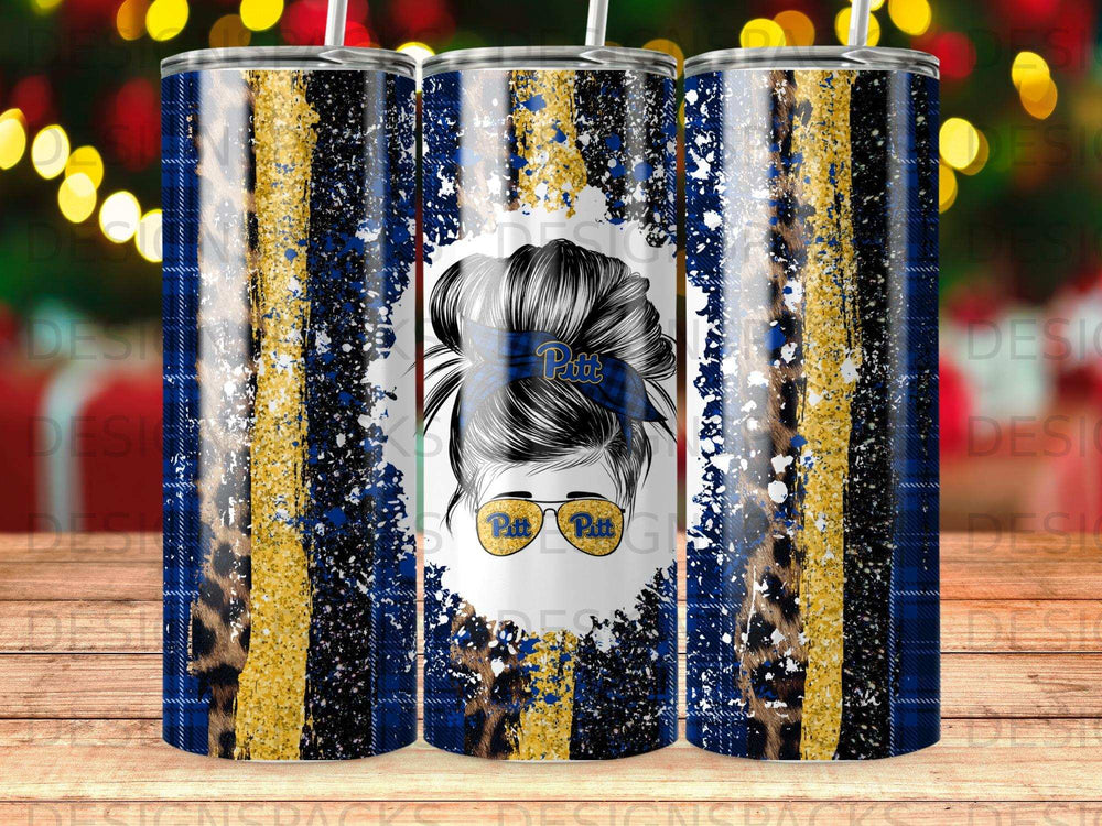 Glittery tumbler with leopard print and navy and gold plaid, featuring Pitt logo.