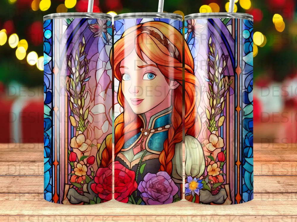 Anna from Frozen in stained glass art on a tumbler.