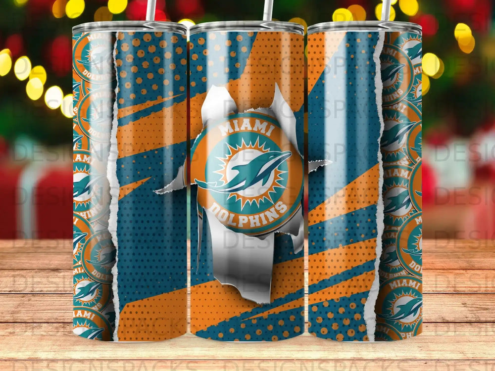 Miami Dolphins team logo on a blue and orange patterned tumbler.