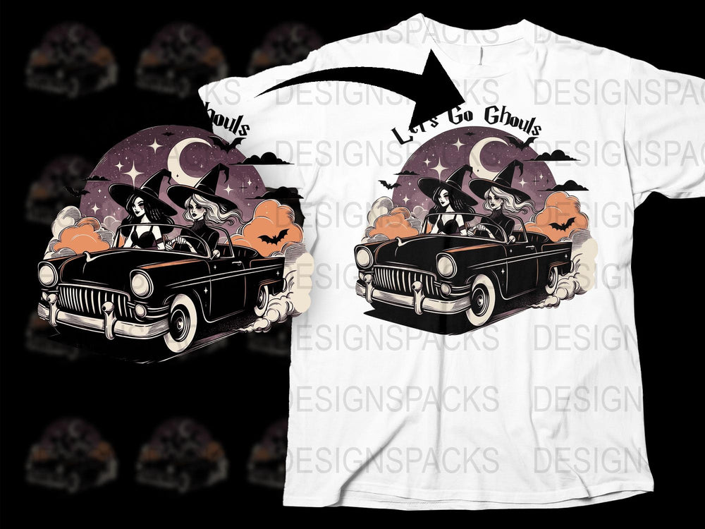 Vintage Witch Halloween T-Shirt, Classic Car Full Moon Graphic Tee, Spooky Night Casual Wear for All Ages