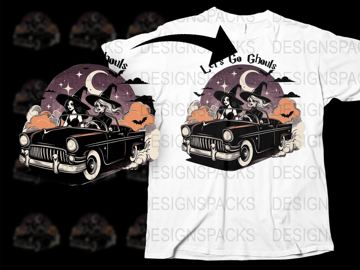 Vintage Witch Halloween T-Shirt, Classic Car Full Moon Graphic Tee, Spooky Night Casual Wear for All Ages