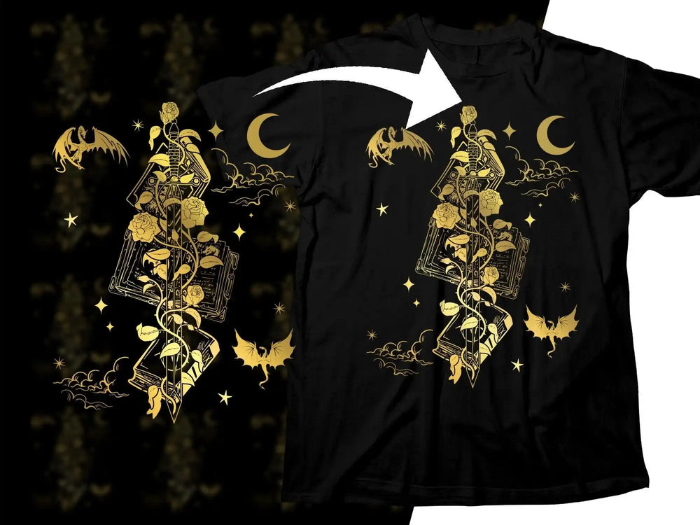Black t-shirt with gold fantasy design: roses, dragon, moon, stars, and books for DTG/DTF printing.