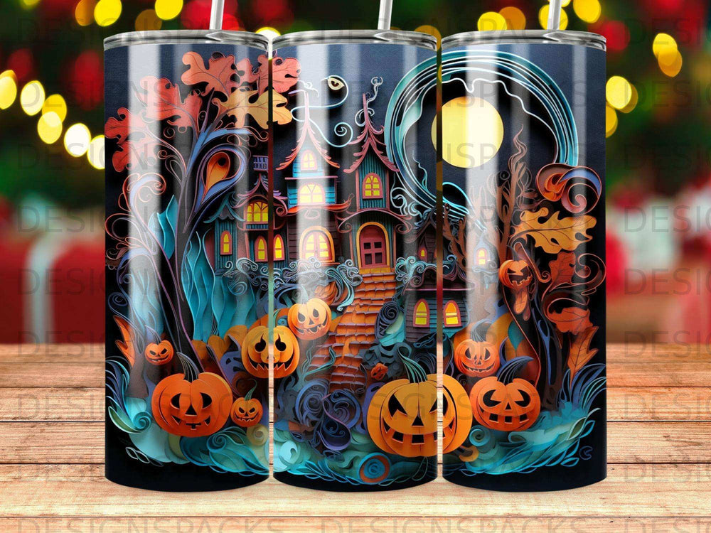 Halloween scene with haunted house, pumpkins, and moon.