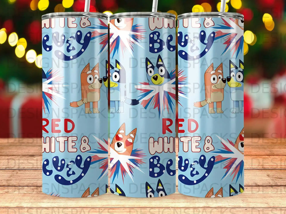 Bluey and Bingo characters on a blue background with red, white, and blue starbursts.