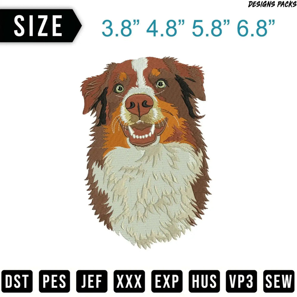 Embroidery design of a happy Australian Shepherd dog face with size options.