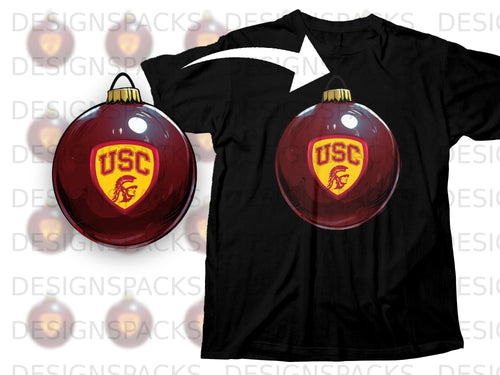 Black t-shirt with a red USC Christmas ornament graphic.