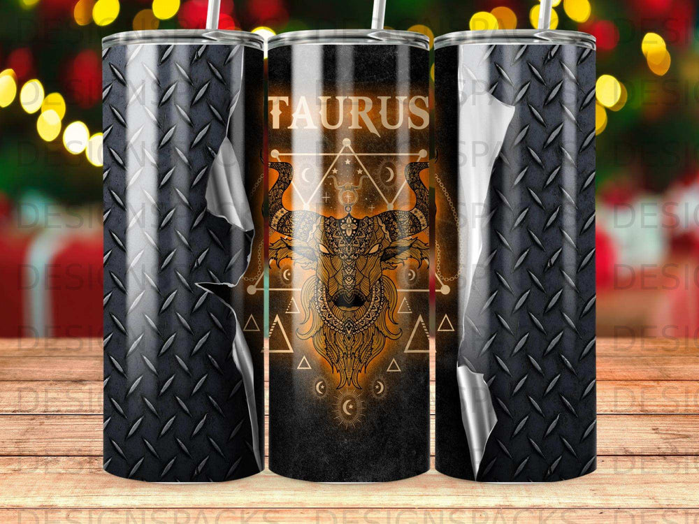 Taurus astrological symbol on a black diamond plate textured tumbler.