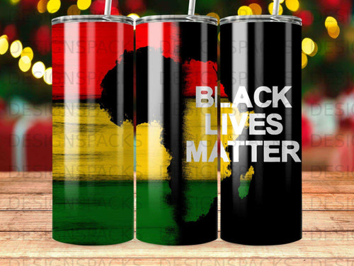 Black Lives Matter text on a map of Africa design on three tumblers.