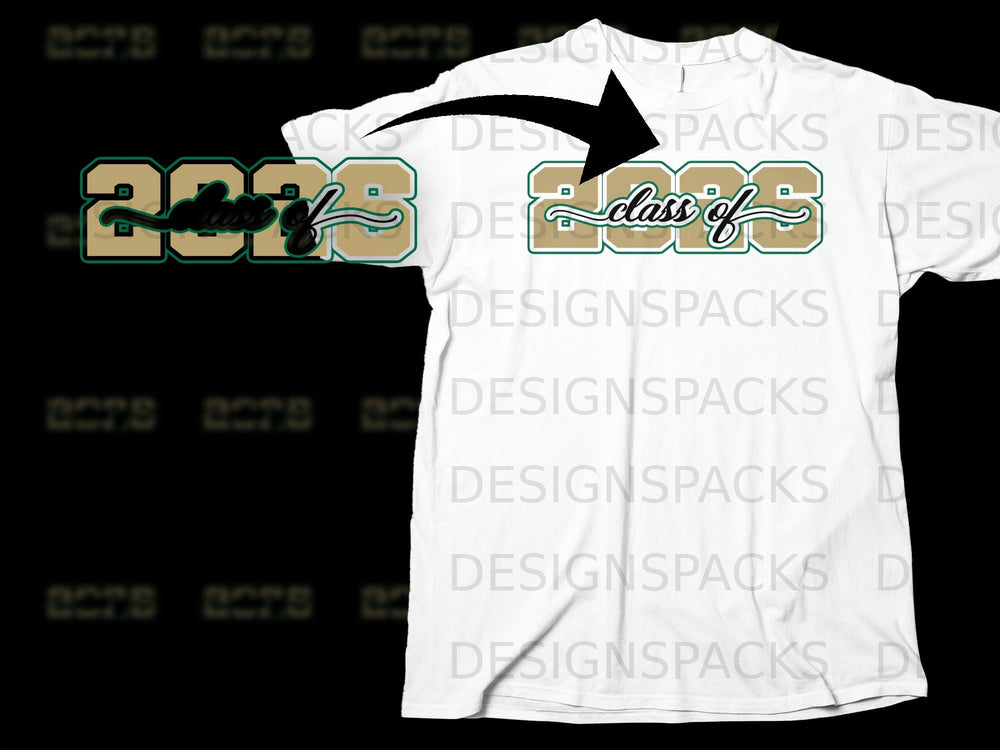 Gold and green "Class of 2023" graphic on a white t-shirt.