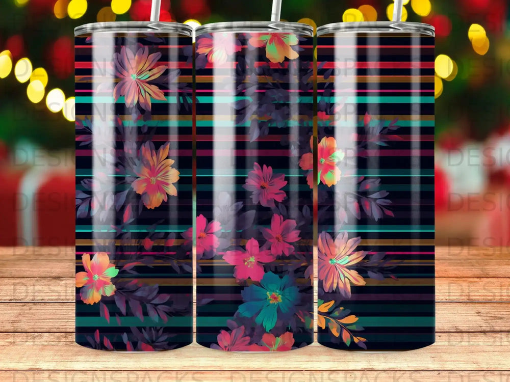 Floral pattern with horizontal stripes on a tumbler.