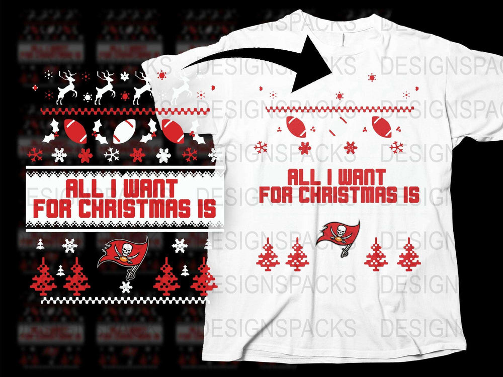 All I Want for Christmas Tampa Bay Football Themed T-Shirt, Festive Holiday Apparel