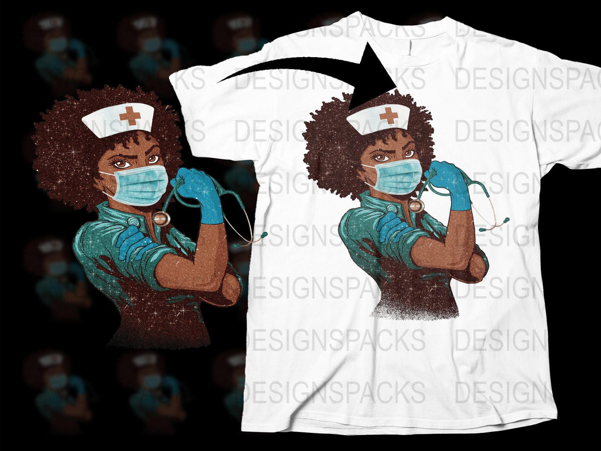 Superhero Nurse T-Shirt, African American Nurse Graphic, Strong Nurse with Mask and Gloves, Healthcare Worker Tee