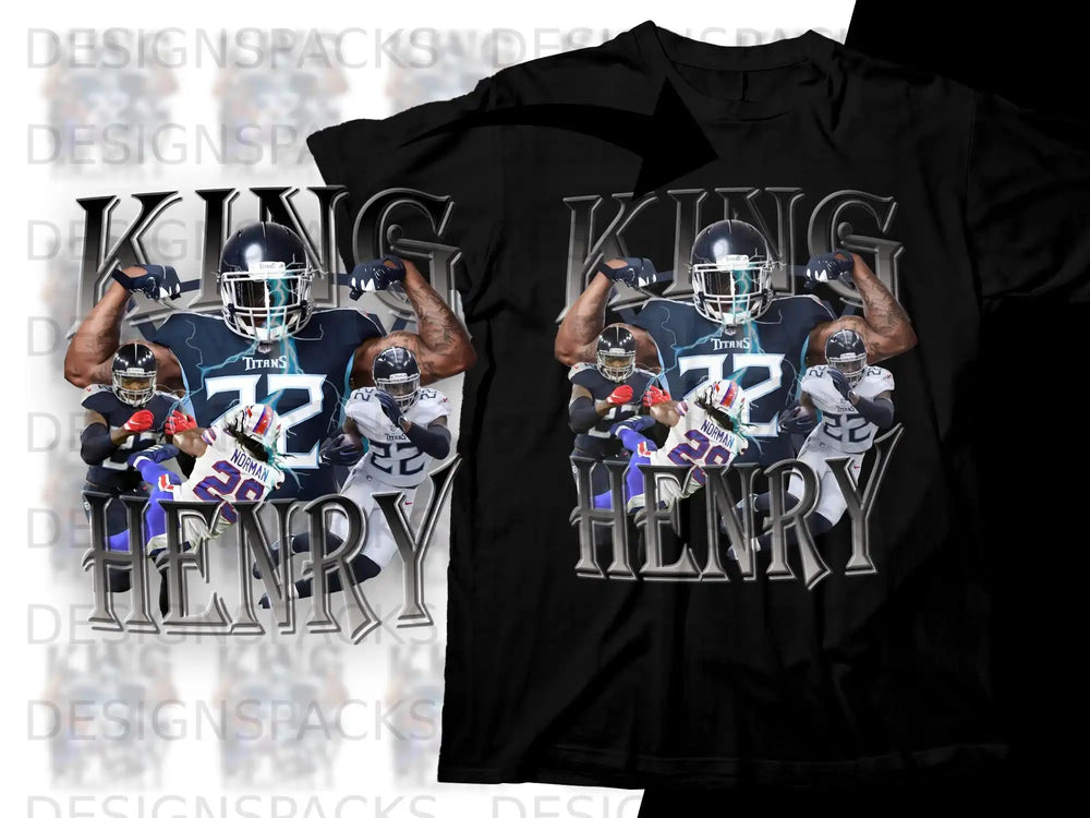 Derrick Henry Titans jersey with player graphics and "KING HENRY" text.