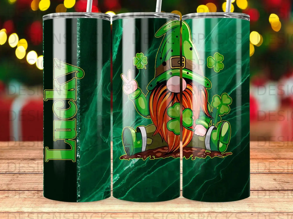 Green gnome with clover on tumblers, peace sign, and "Lucy" text.
