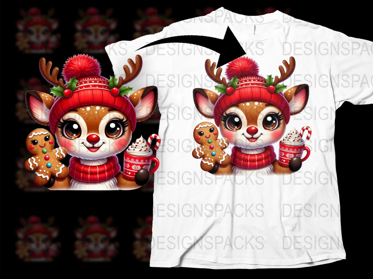 Cute Christmas Reindeer T-Shirt, Festive Holiday Tee with Gingerbread, Kids and Adults Size Available