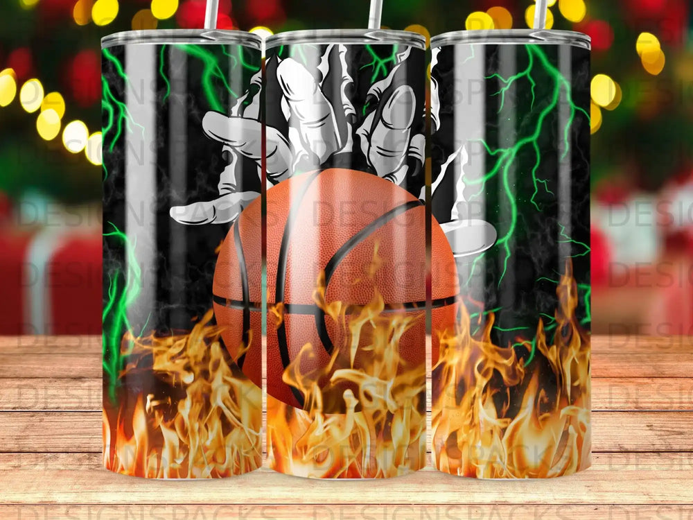 Basketball design with flames and lightning on a tumbler.