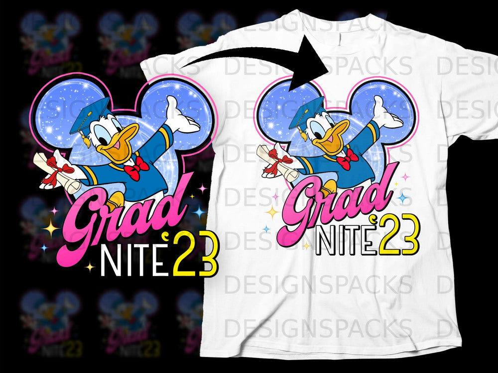 Donald Duck in graduation cap holding diploma with "Grad Nite 23" text.