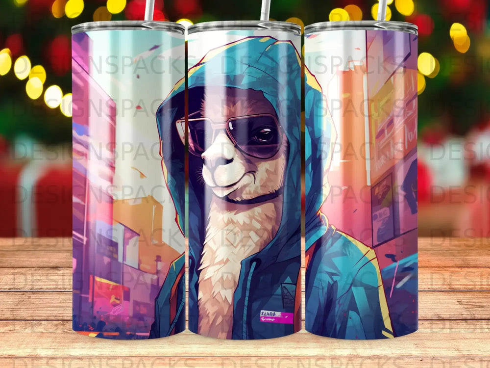 Llama in a hoodie and sunglasses, cartoon style, with city background.